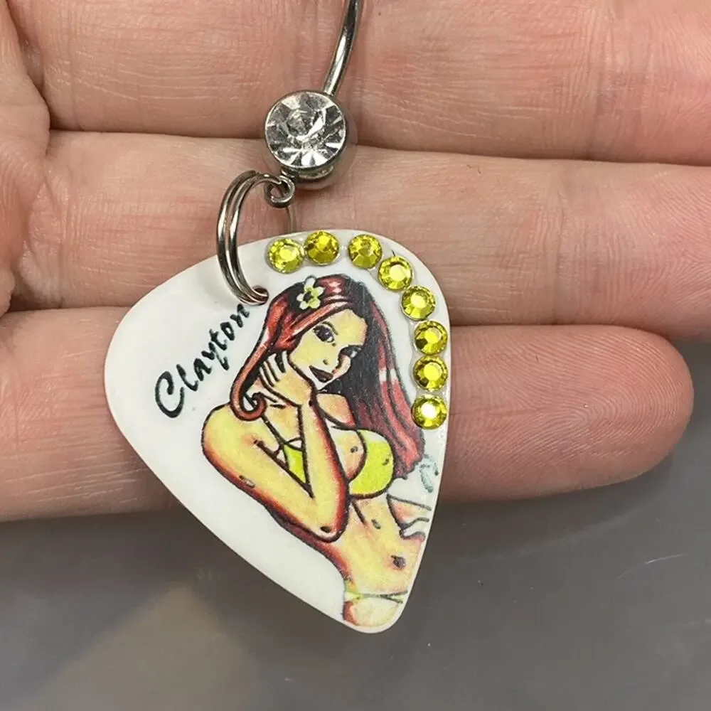 Handmade Pearlescent Redhead Pinup Girl Guitar Pick Belly Ring Rhinestone